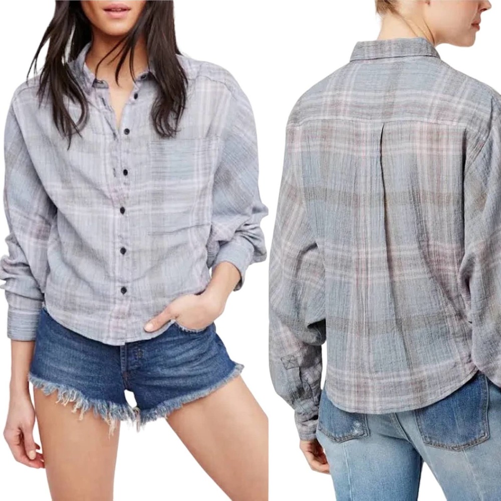 Free People Cutie Plaid Button Down Shirt Blue/Pink #796